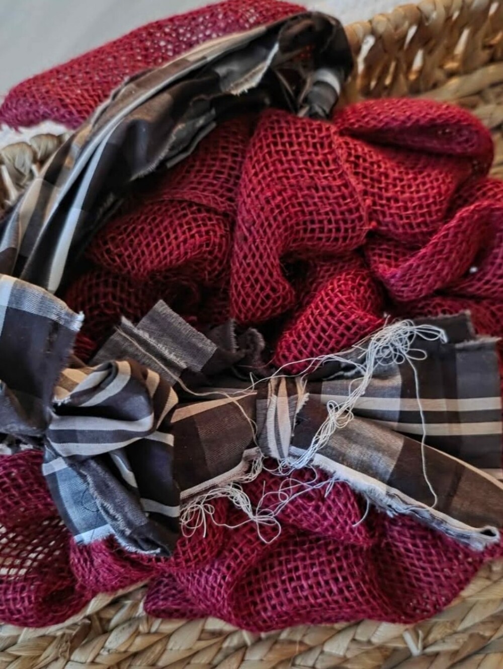 Handmade Bugundy Burlap Wreath, Small, Fraying Fabric & Tie.